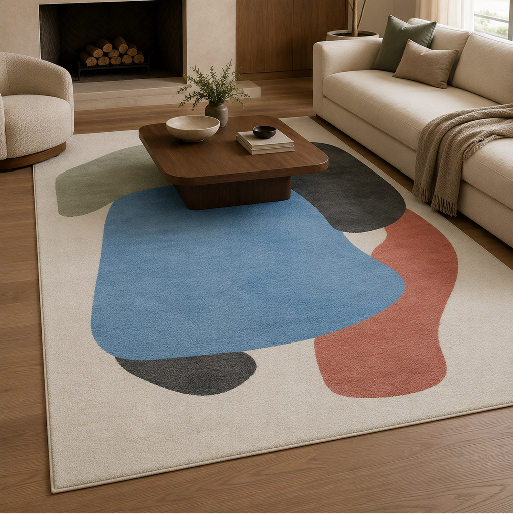 Tapis rectangulaire Néo – formes abstraites superposées – écru, bleu ciel, vert sauge, anthracite et terracotta