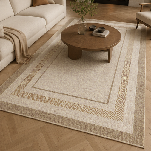 Tapis rectangulaire Elvéo – style naturel – bordures géométriques beige et taupe