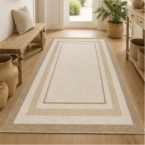 Tapis rectangulaire Elvéo – style naturel – bordures géométriques beige et taupe