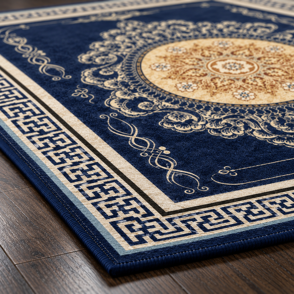 Tapis rectangulaire Mizuki – style asiatique – bleu nuit, médaillon doré et bordure géométrique