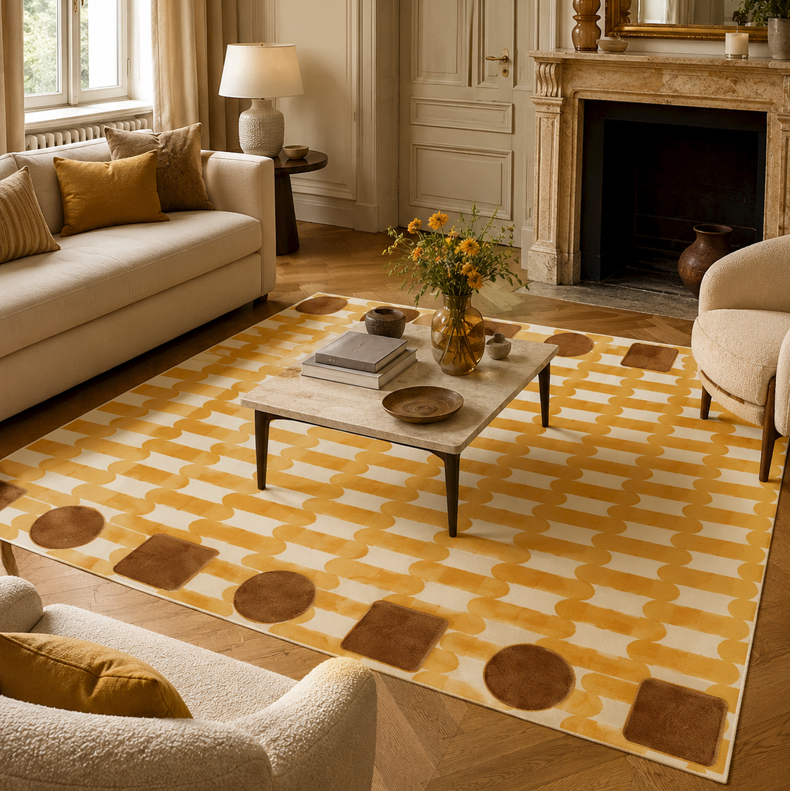 Tapis rectangulaire Solis – motif graphique rythmé – écru, jaune ocre et brun caramel