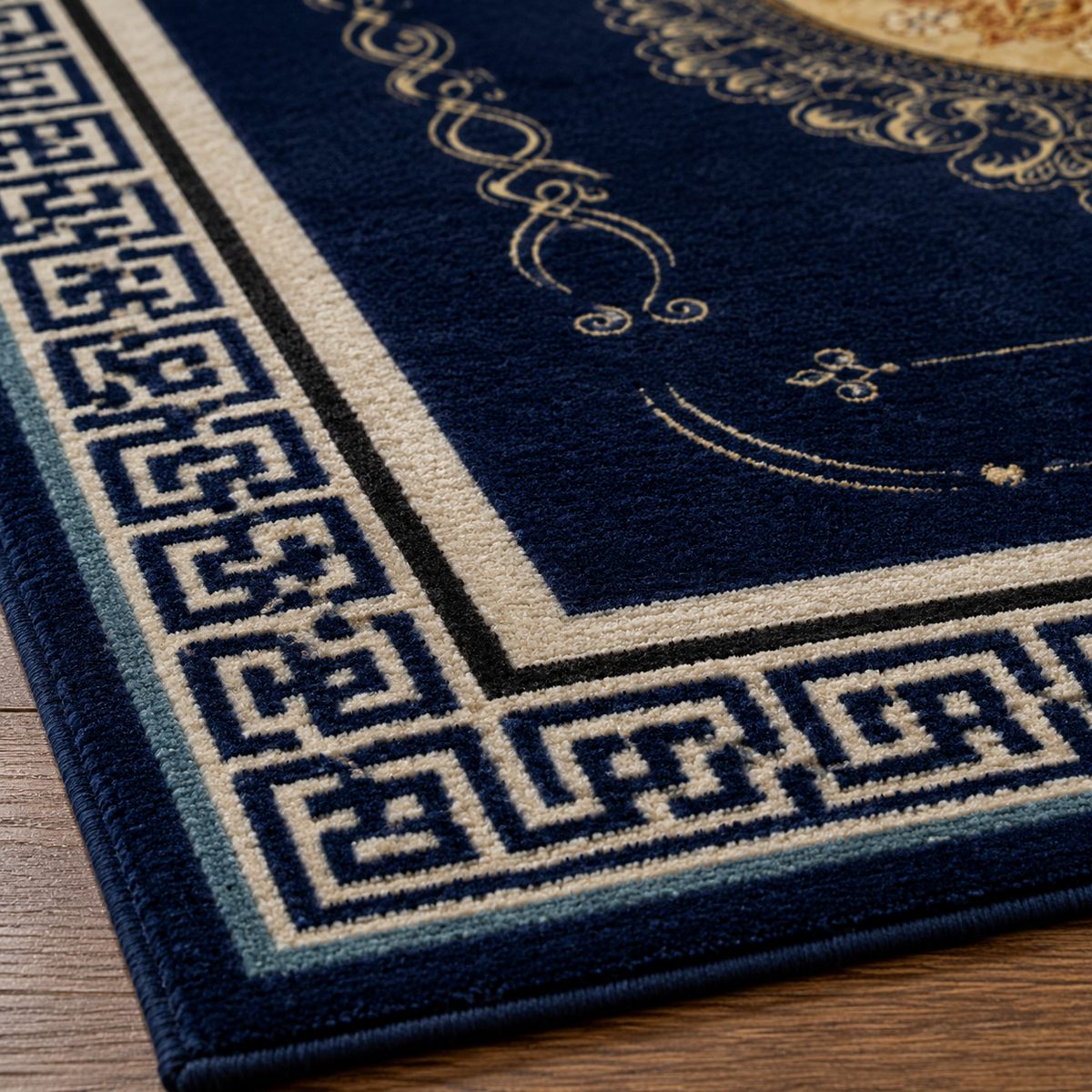 Tapis rectangulaire Mizuki – style asiatique – bleu nuit, médaillon doré et bordure géométrique