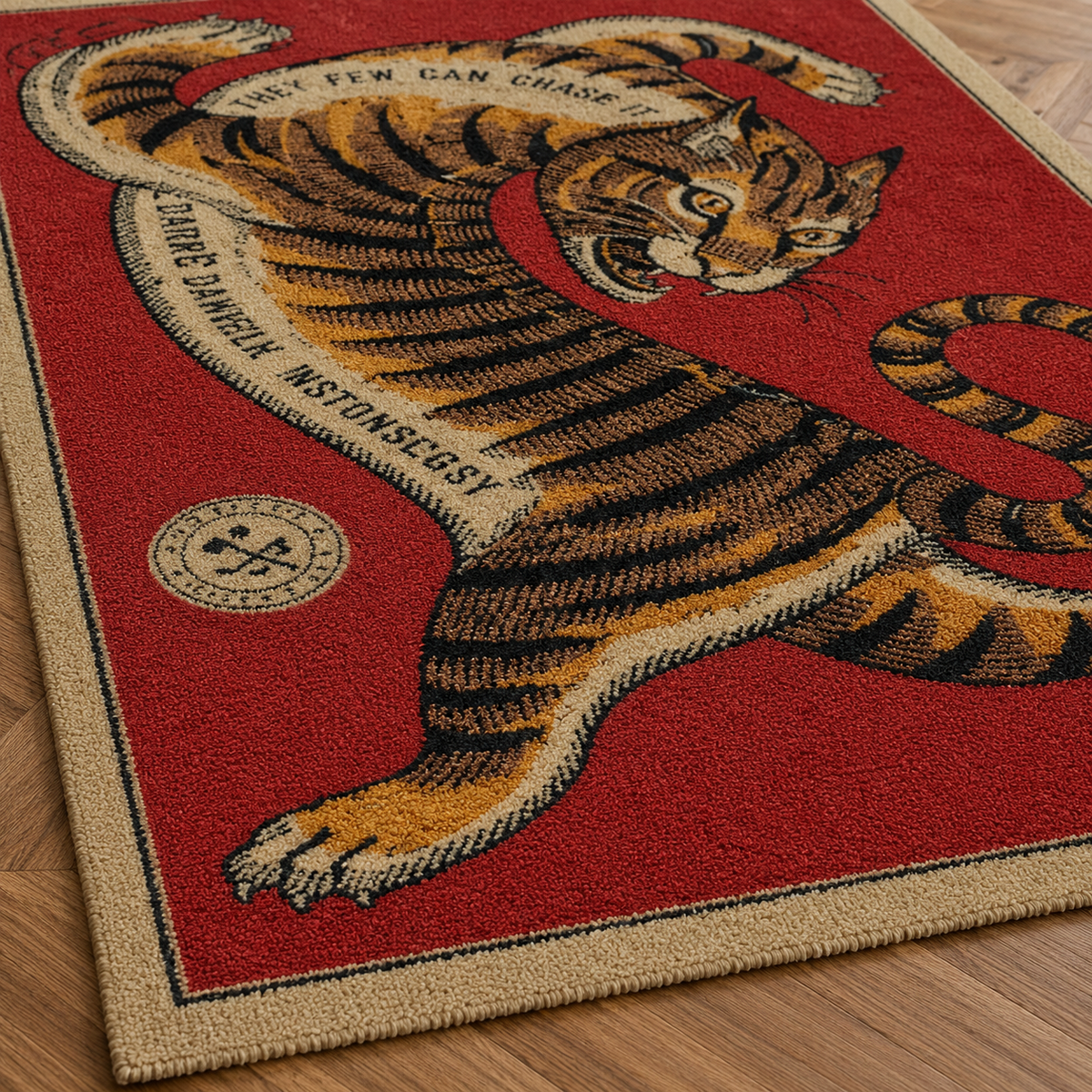 Tapis rectangulaire Tiger – motif tigre vintage – rouge, beige, orange et noir
