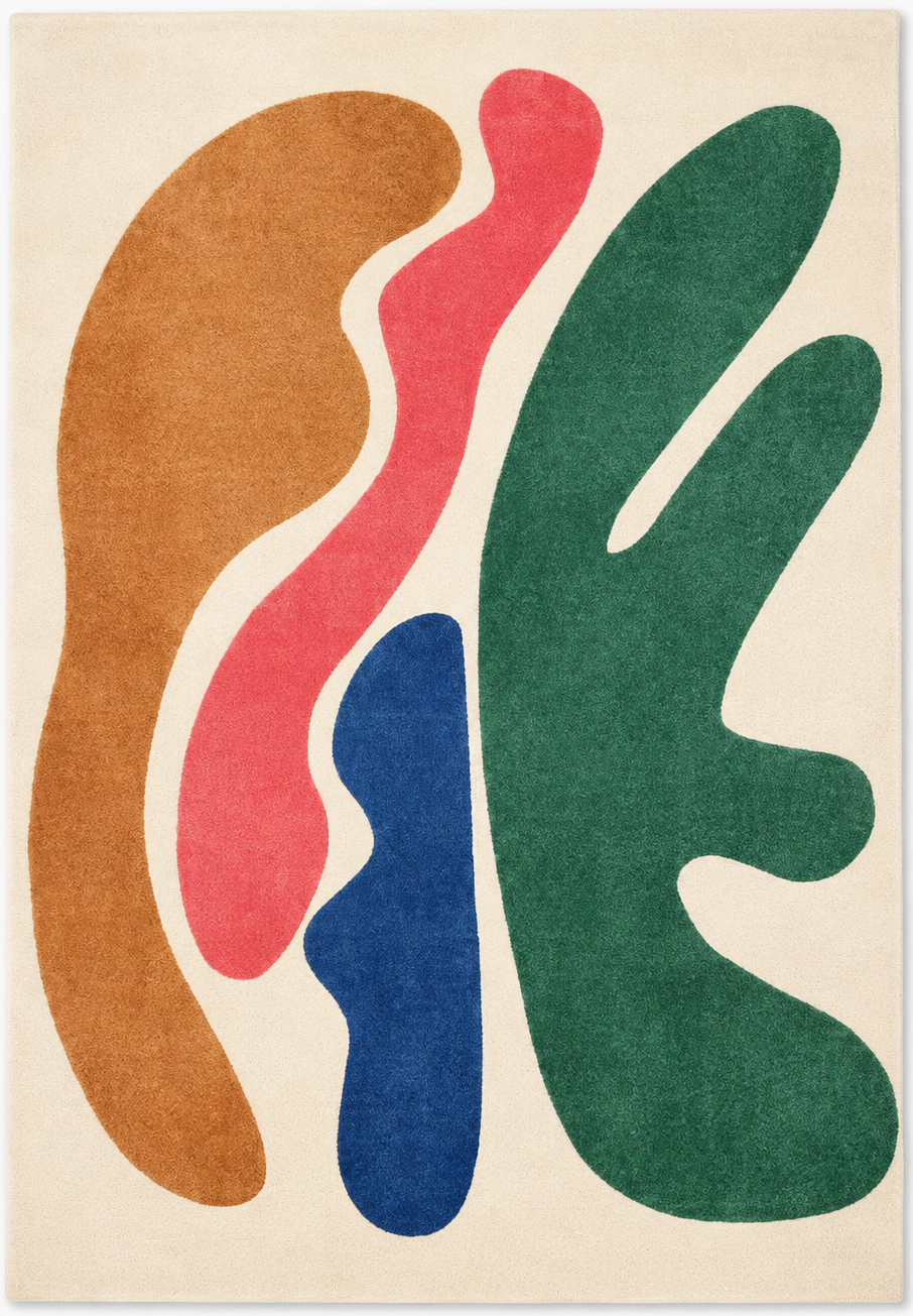 Tapis rectangulaire Aroa – formes organiques colorées – écru, vert profond, bleu, corail et camel
