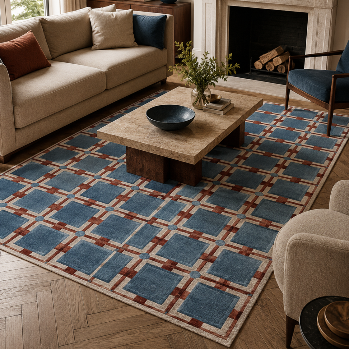 Tapis rectangulaire Atlas – motif géométrique quadrillé – bleu grisé, terracotta et écru