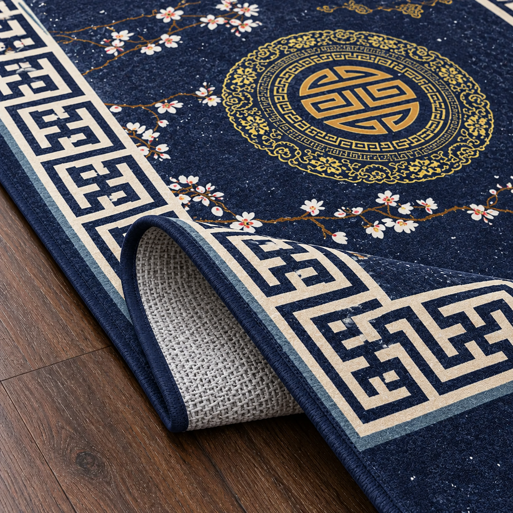 Tapis rectangulaire Hanami – style asiatique – bleu nuit, médaillon doré et motifs floraux