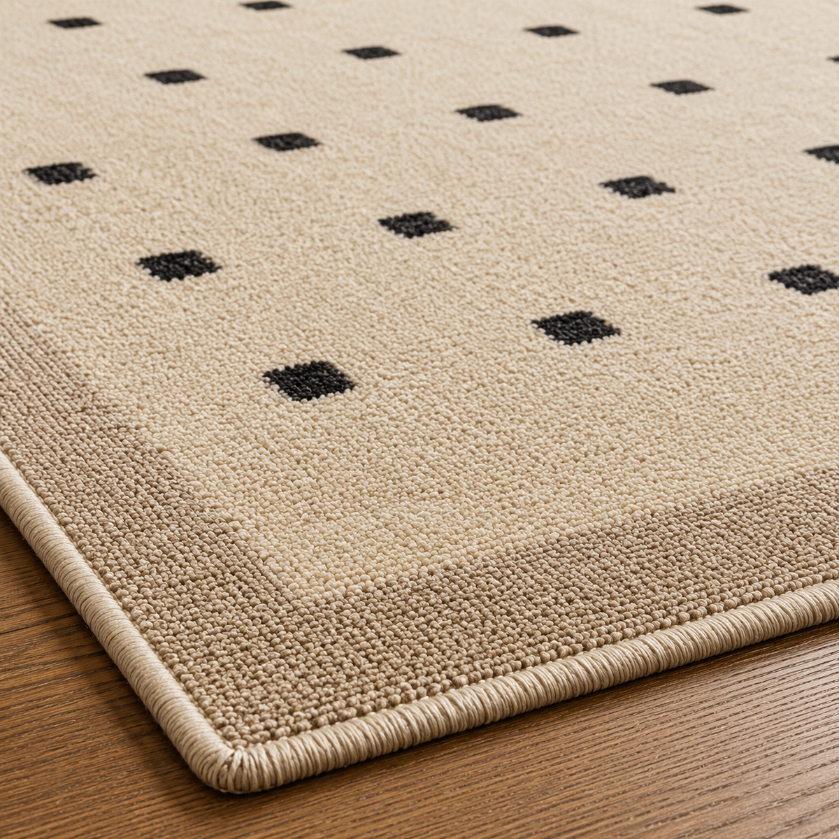 Tapis rectangulaire Lino – style moderne – motif à petits carrés – beige clair, noir et bordure taupe