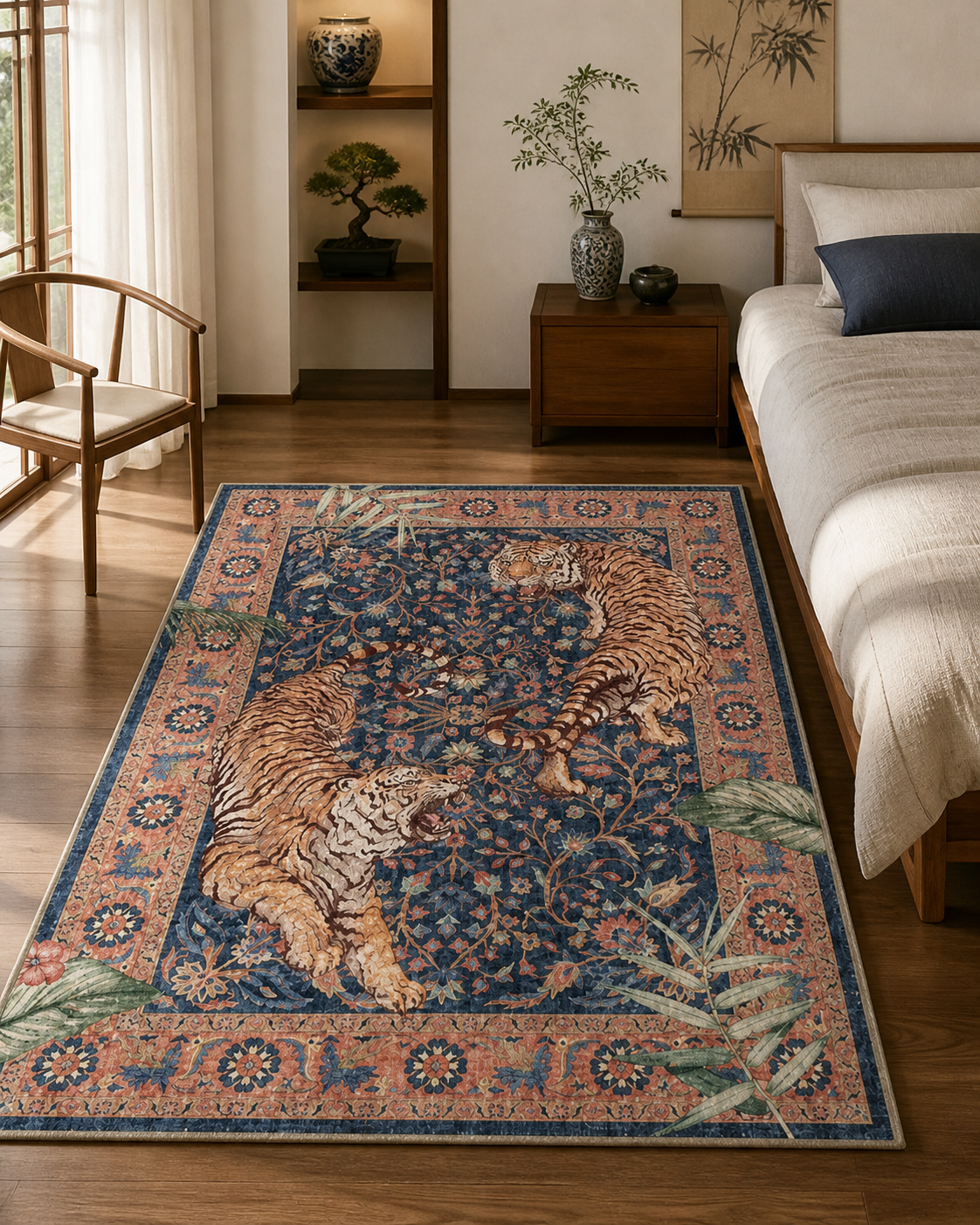 Tapis rectangulaire  Akira – style asiatique – motifs tigres, fleurs et feuillages