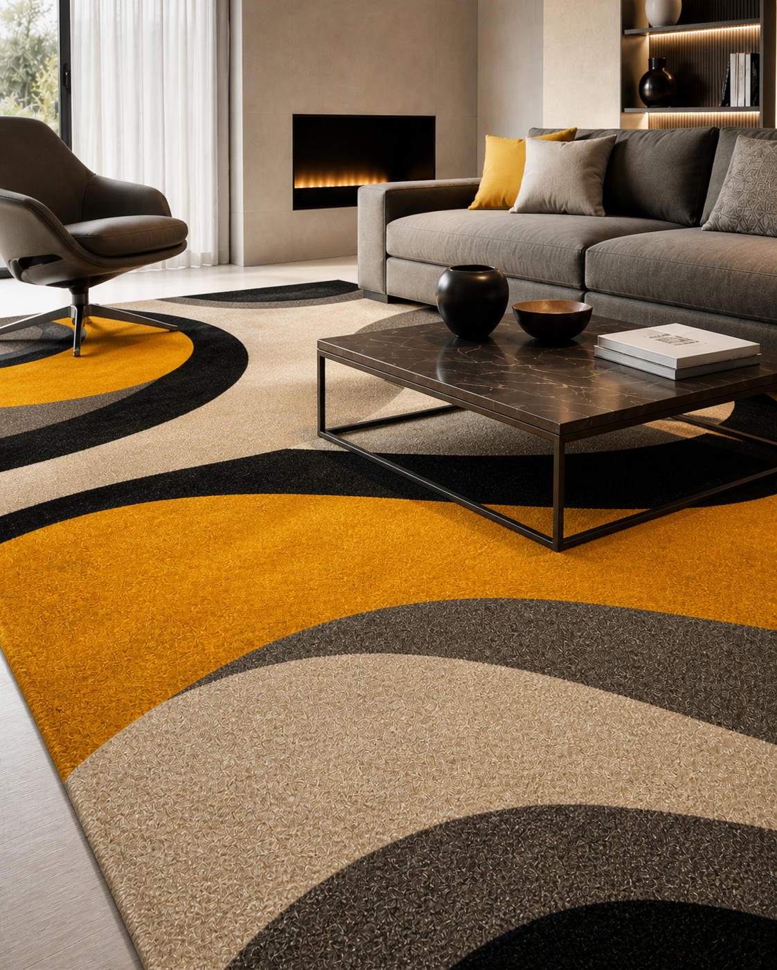 Tapis rectangulaire Solvane – style moderne – motifs abstraits beige, noir et jaune moutarde