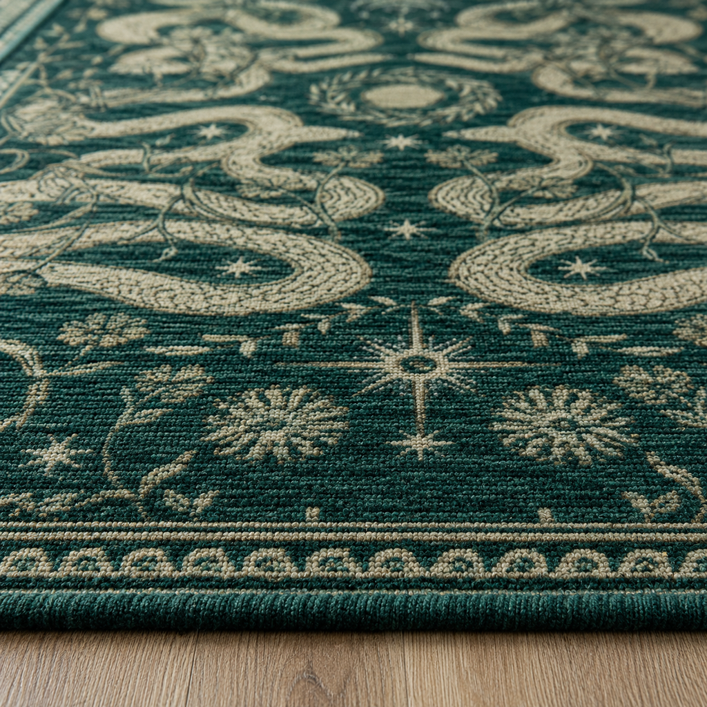 Tapis rectangulaire Éclipse – serpents et symboles célestes – vert profond, beige doré et écru