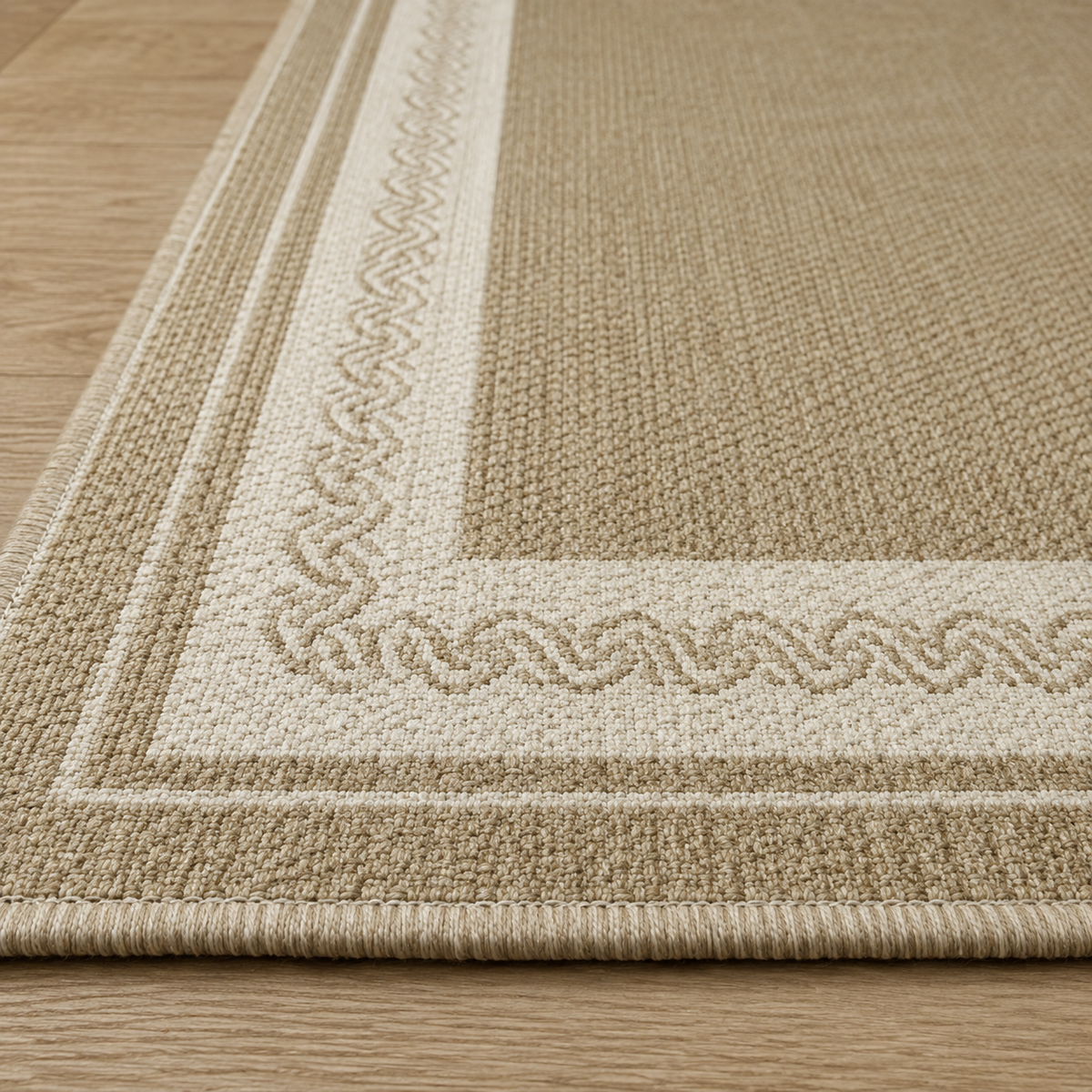 Tapis rectangulaire Sienna – effet tissé naturel et bordure graphique – beige, écru et taupe