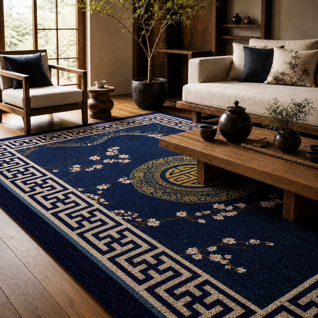 Tapis rectangulaire Hanami – style asiatique – bleu nuit, médaillon doré et motifs floraux