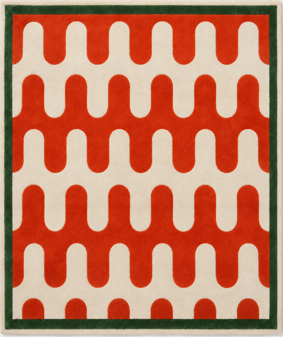 Tapis rectangulaire Rio – motif ondulé rétro – écru, rouge orangé et vert forêt