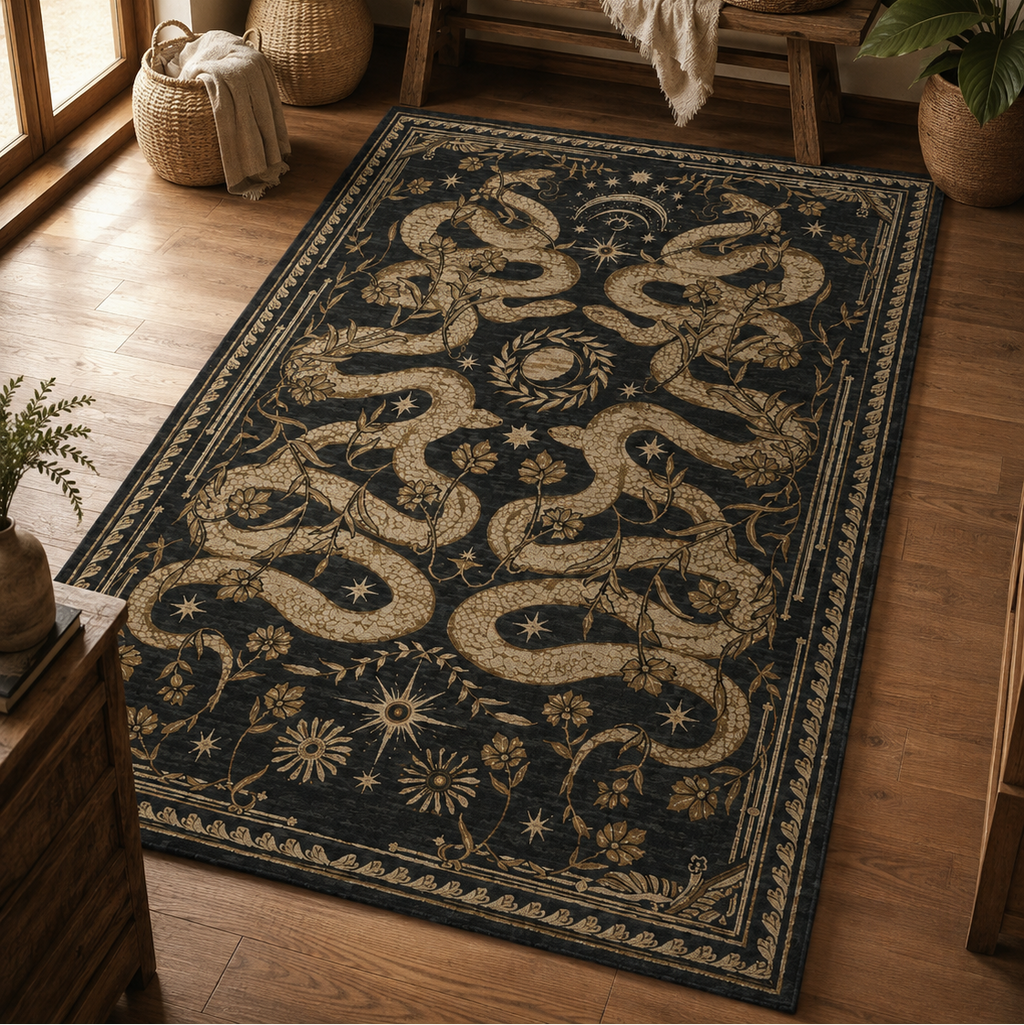 Tapis rectangulaire Nyx – serpents entrelacés et motifs célestes – noir, beige doré et brun