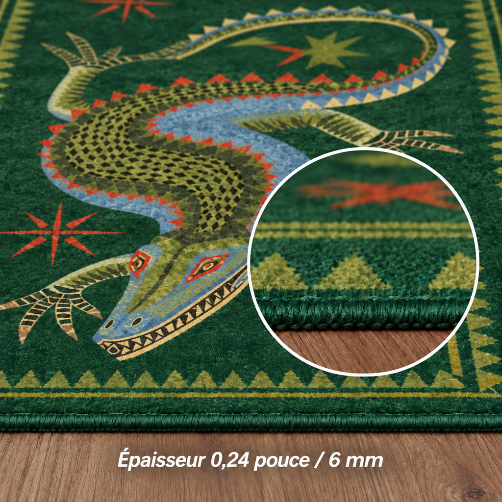 Tapis rectangulaire Croco – motif crocodile illustré – vert émeraude, bleu, olive et terracotta