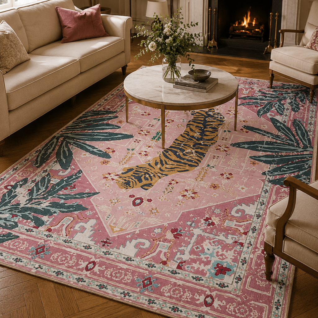 Tapis rectangulaire Nala – motif tigre tropical – rose poudré, vert palmier, orange et bleu nuit