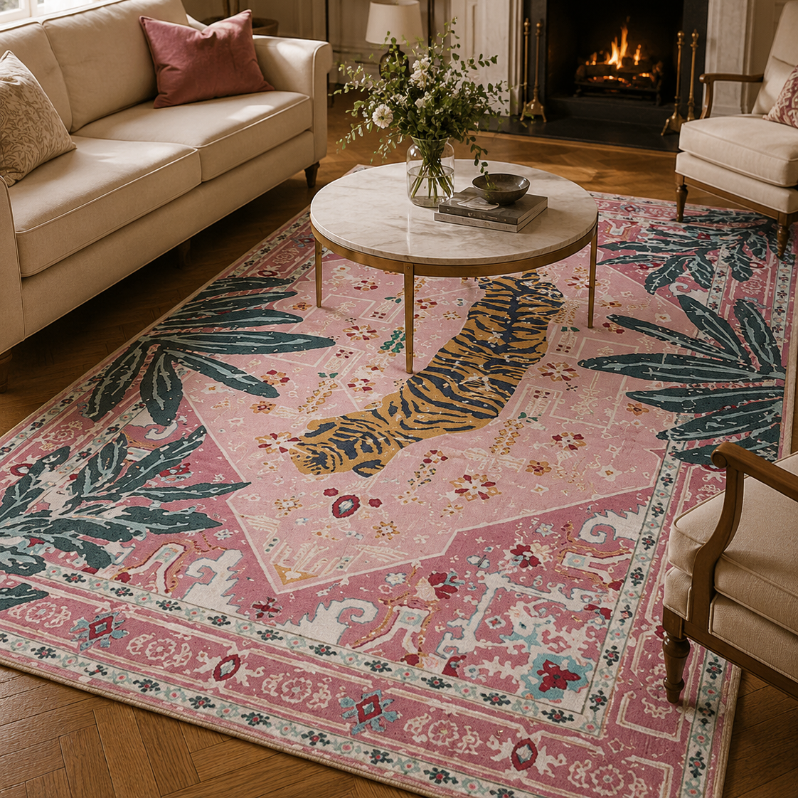 Tapis rectangulaire Nala – motif tigre tropical – rose poudré, vert palmier, orange et bleu nuit
