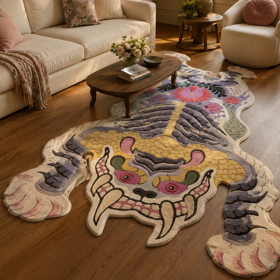 Tapis rectangulaire Oni – forme créature mythique – beige, violet, rose, jaune et noir