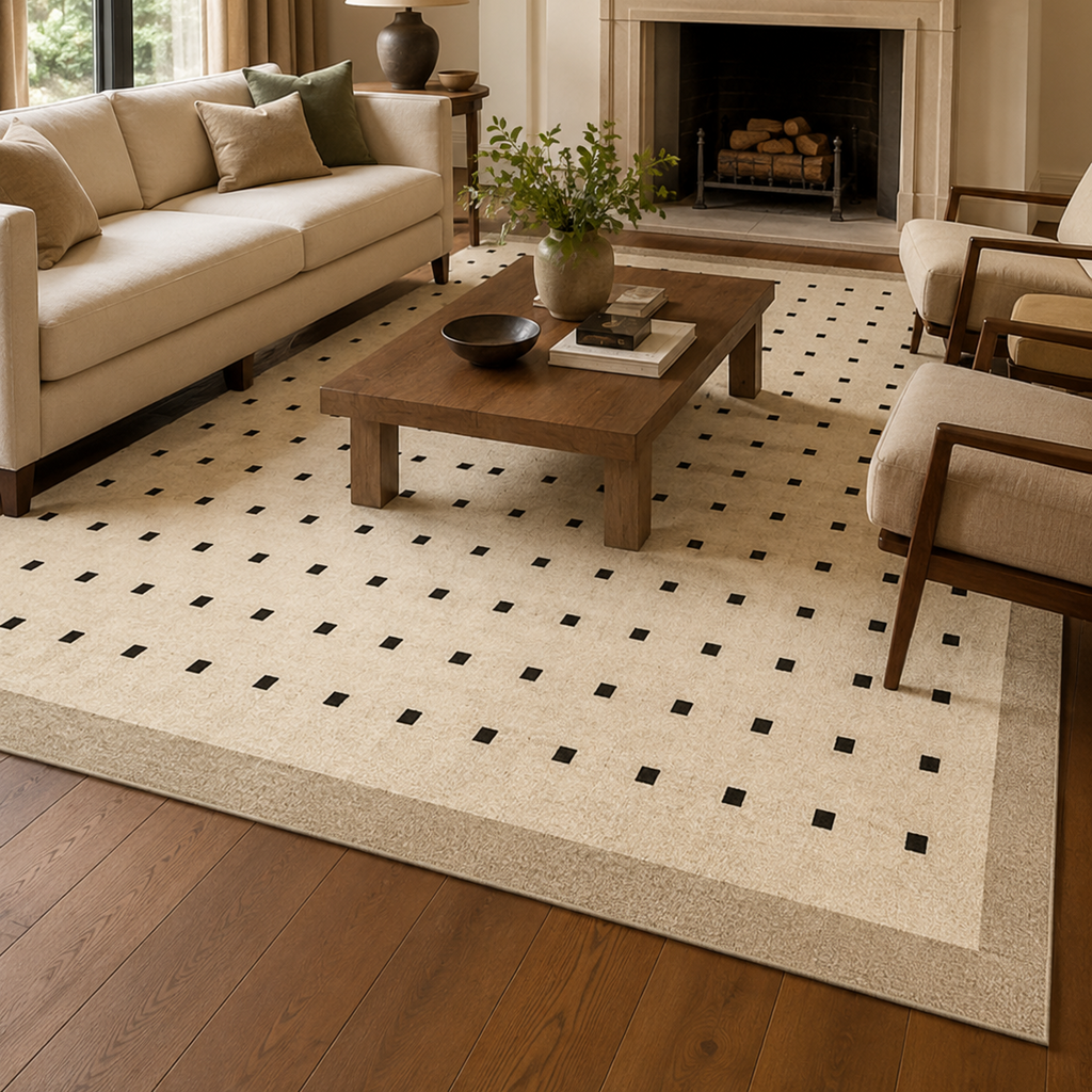 Tapis rectangulaire Lino – style moderne – motif à petits carrés – beige clair, noir et bordure taupe