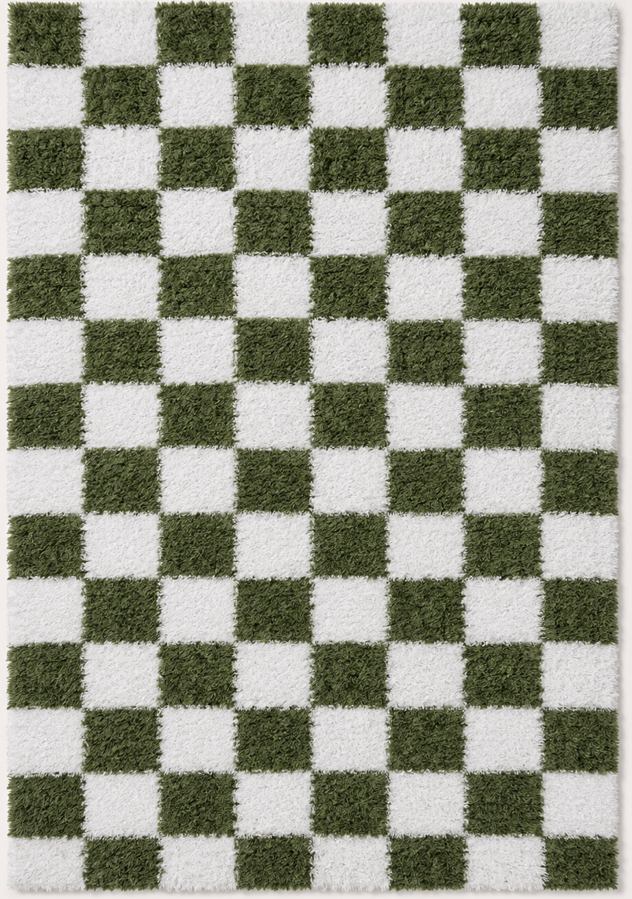 Tapis rectangulaire Mila – damier moelleux – vert sauge et blanc