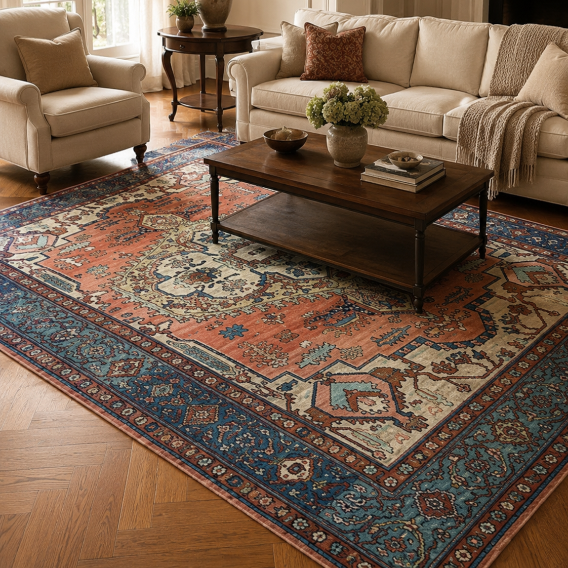 Tapis rectangulaire Samarkand – motifs orientaux vintage – terracotta, bleu canard, écru et beige
