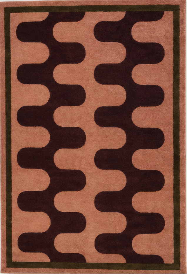 Tapis rectangulaire Terra – motif ondulé graphique – vieux rose, brun profond et vert olive