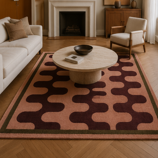Tapis rectangulaire Terra – motif ondulé graphique – vieux rose, brun profond et vert olive