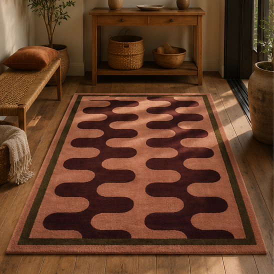 Tapis rectangulaire Terra – motif ondulé graphique – vieux rose, brun profond et vert olive