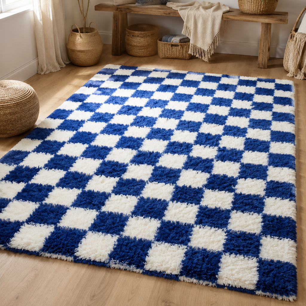 Tapis rectangulaire Azur – damier moelleux – bleu profond et blanc