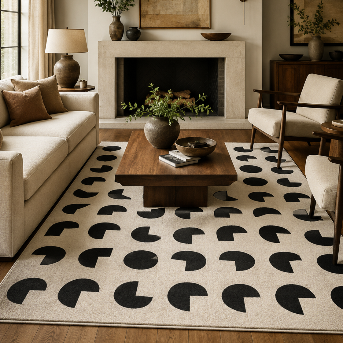 Tapis rectangulaire Paco – motifs géométriques arrondis – écru et noir profond