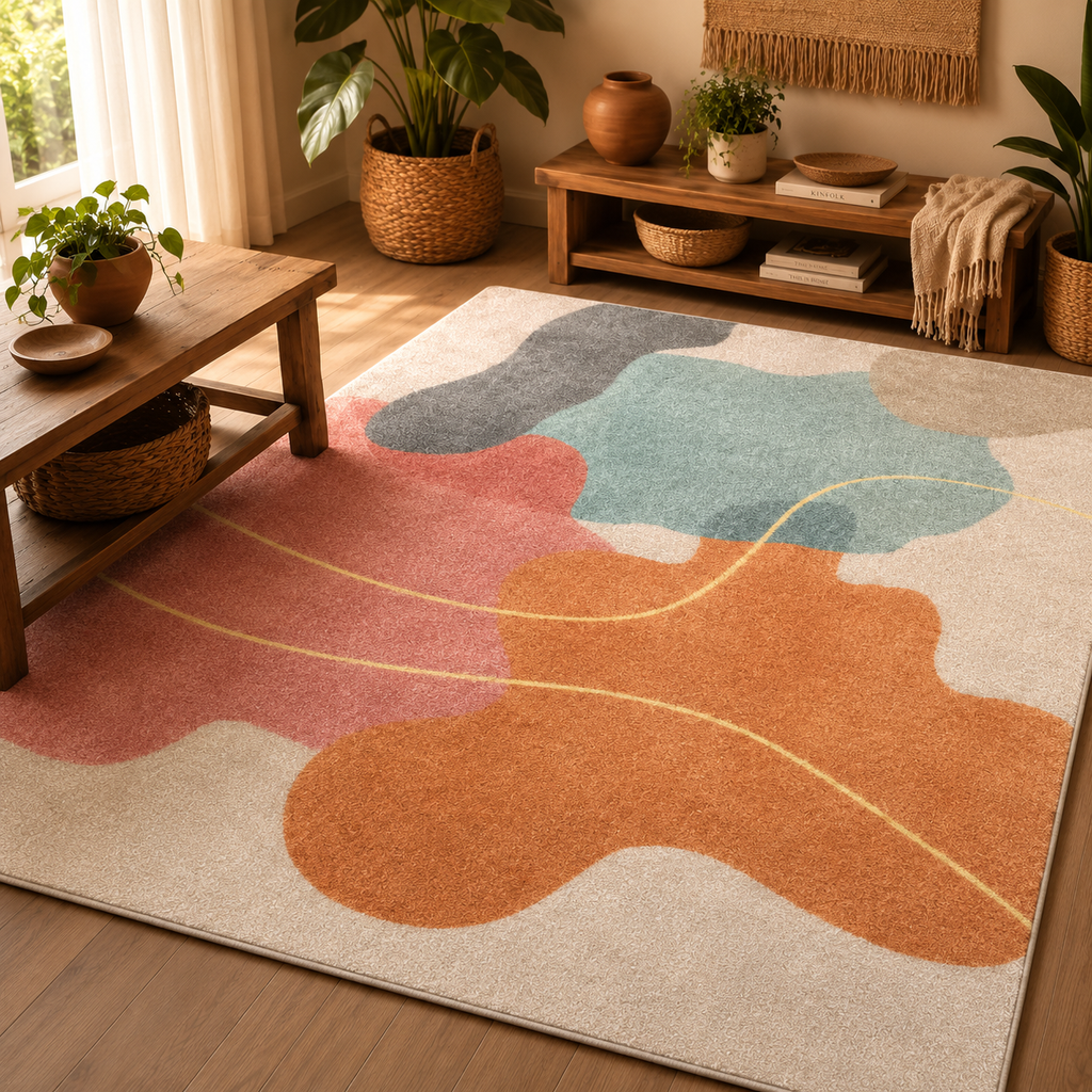 Tapis rectangulaire Soléa – style moderne – formes abstraites organiques – rose poudré, terracotta, bleu pastel et gris doux
