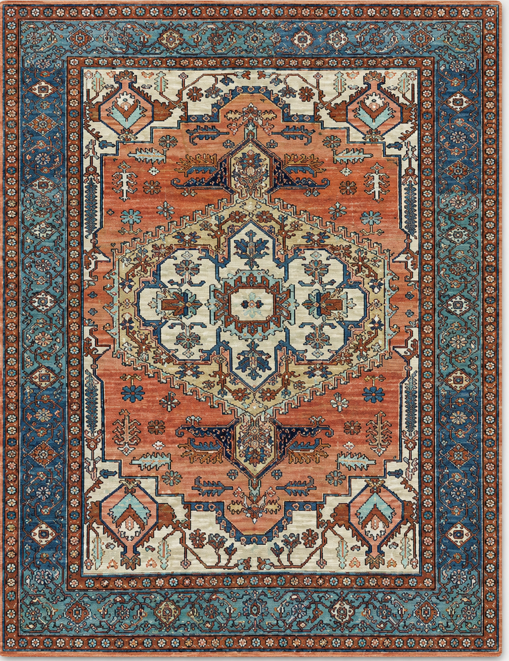 Tapis rectangulaire Samarkand – motifs orientaux vintage – terracotta, bleu canard, écru et beige