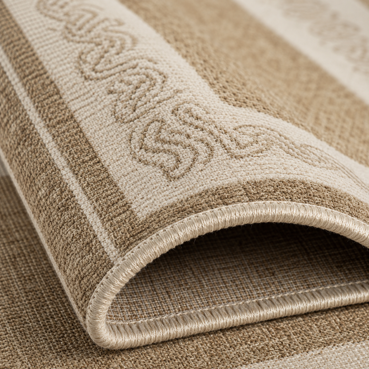 Tapis rectangulaire Sienna – effet tissé naturel et bordure graphique – beige, écru et taupe