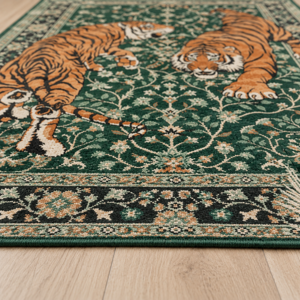 Tapis rectangulaire Rajah – motif tigres majestueux – vert émeraude, orange, noir et beige