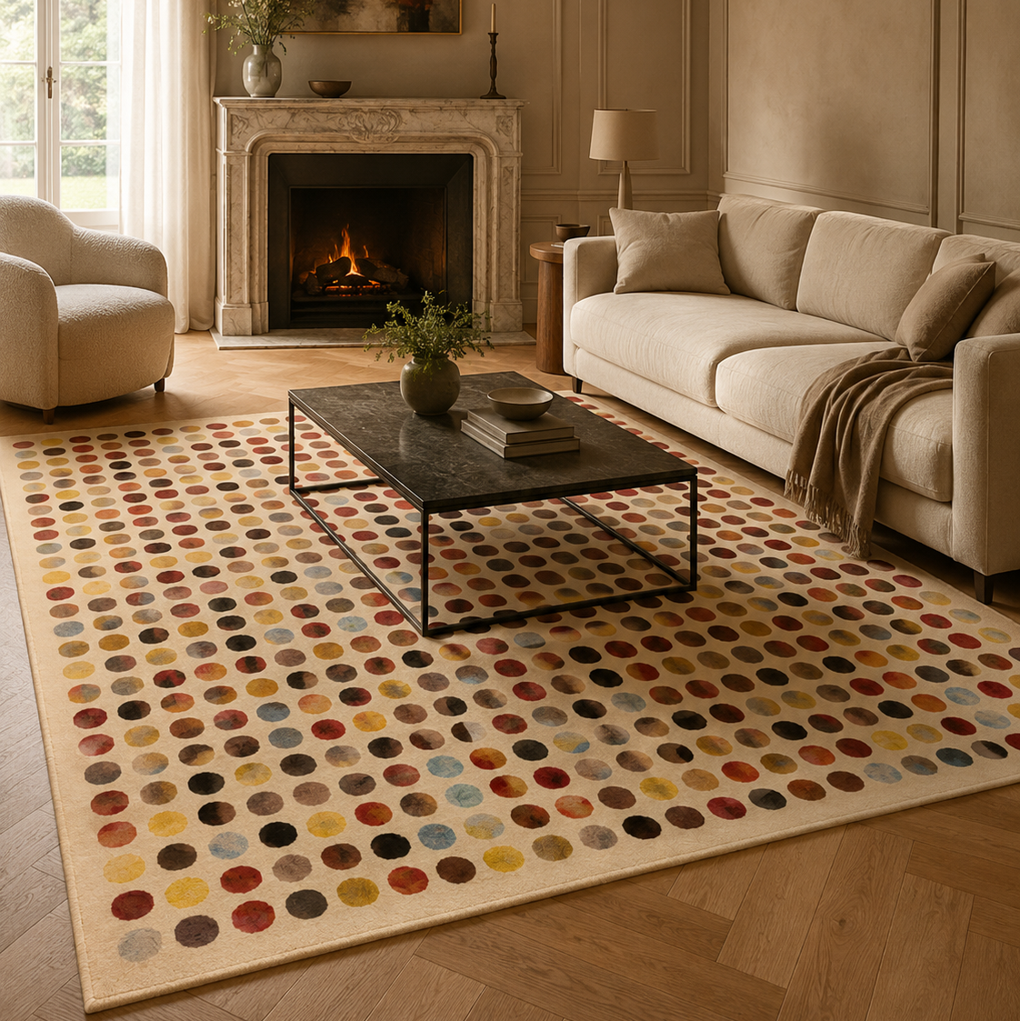 Tapis rectangulaire Mosaïque – pois multicolores – écru, terracotta, jaune, bleu ciel et brun