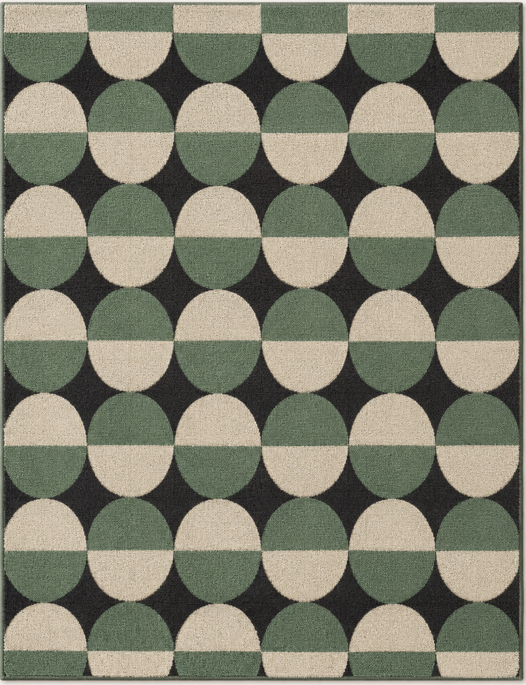 Tapis rectangulaire Verde – style moderne – motifs circulaires géométriques – vert sauge, crème et noir profond