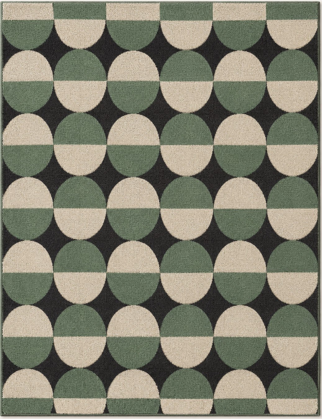 Tapis rectangulaire Verde – style moderne – motifs circulaires géométriques – vert sauge, crème et noir profond