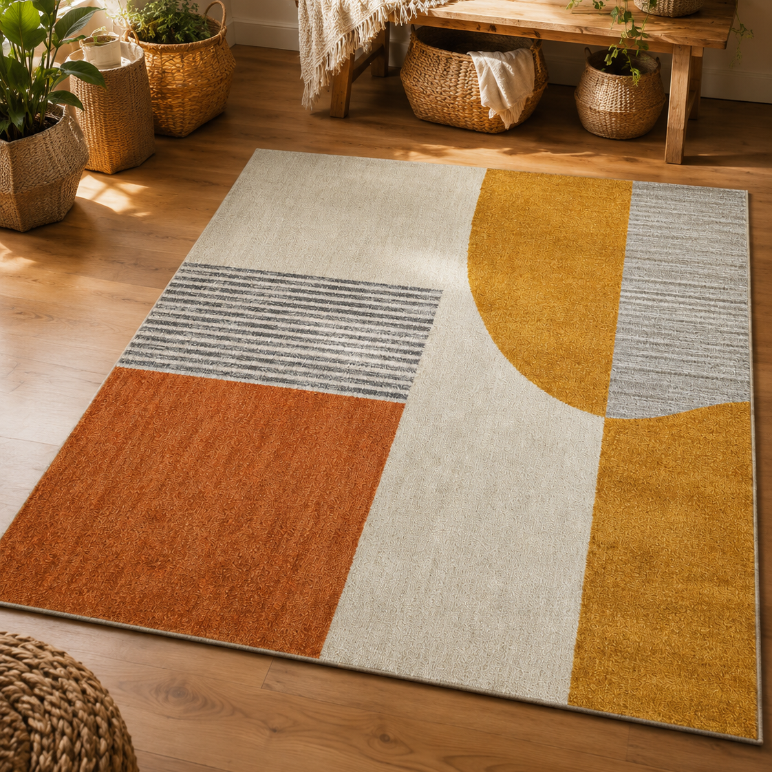 Tapis rectangulaire Soren – style moderne – motif géométrique abstrait – écru, ocre doré, terracotta et gris perle