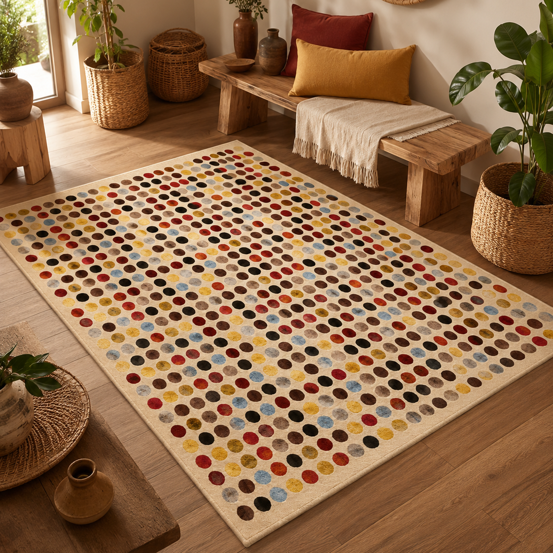 Tapis rectangulaire Mosaïque – pois multicolores – écru, terracotta, jaune, bleu ciel et brun