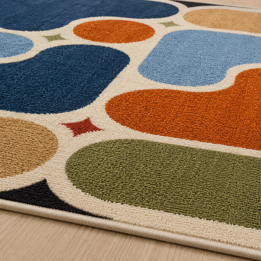 Tapis rectangulaire Alma – formes abstraites rétro – terracotta, bleu nuit, bleu ciel, vert sauge et beige