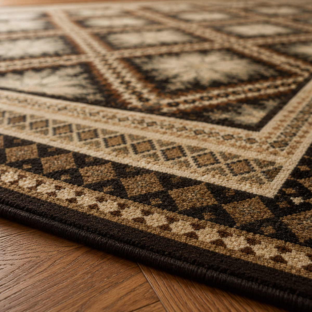 Tapis rectangulaire Zélia – motifs losanges et étoiles géométriques – tons naturels