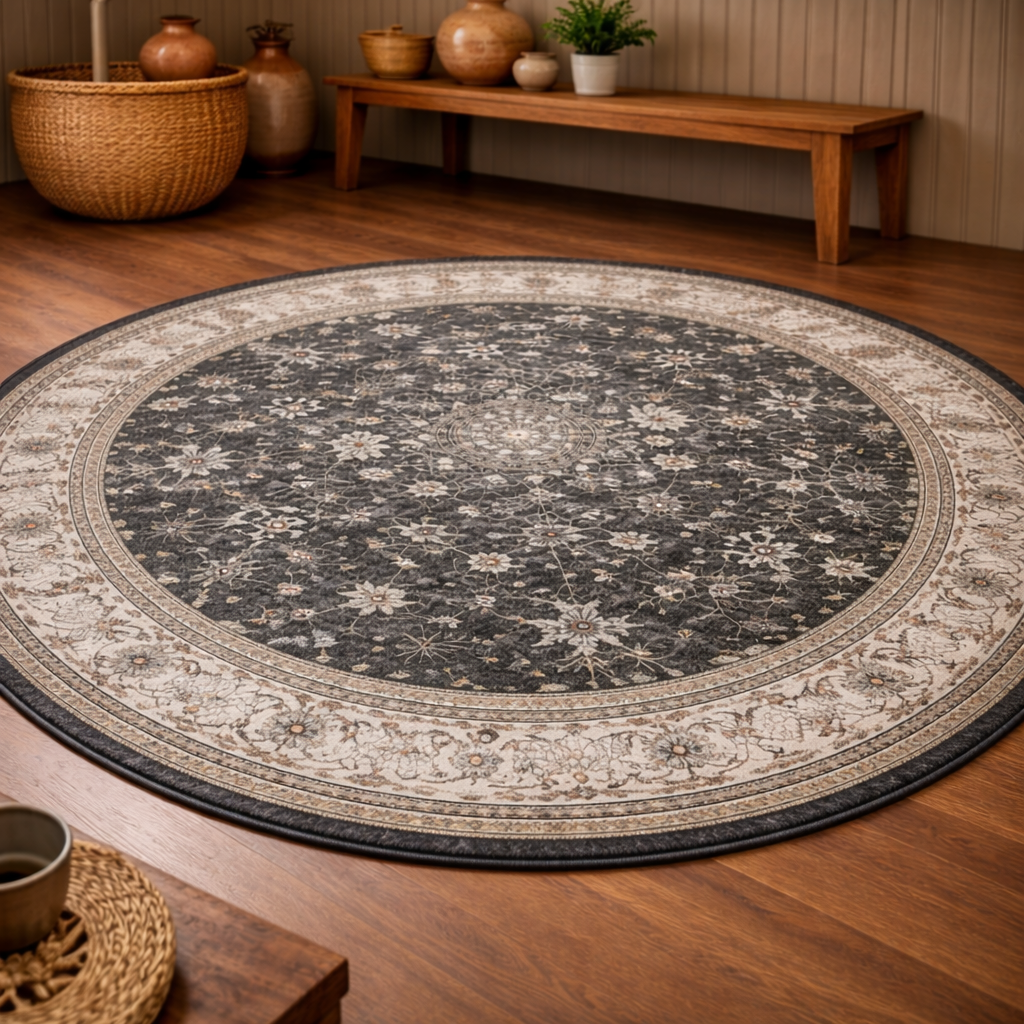 Tapis rond Oréna en laine – motifs géométriques – anthracite, gris perle et crème