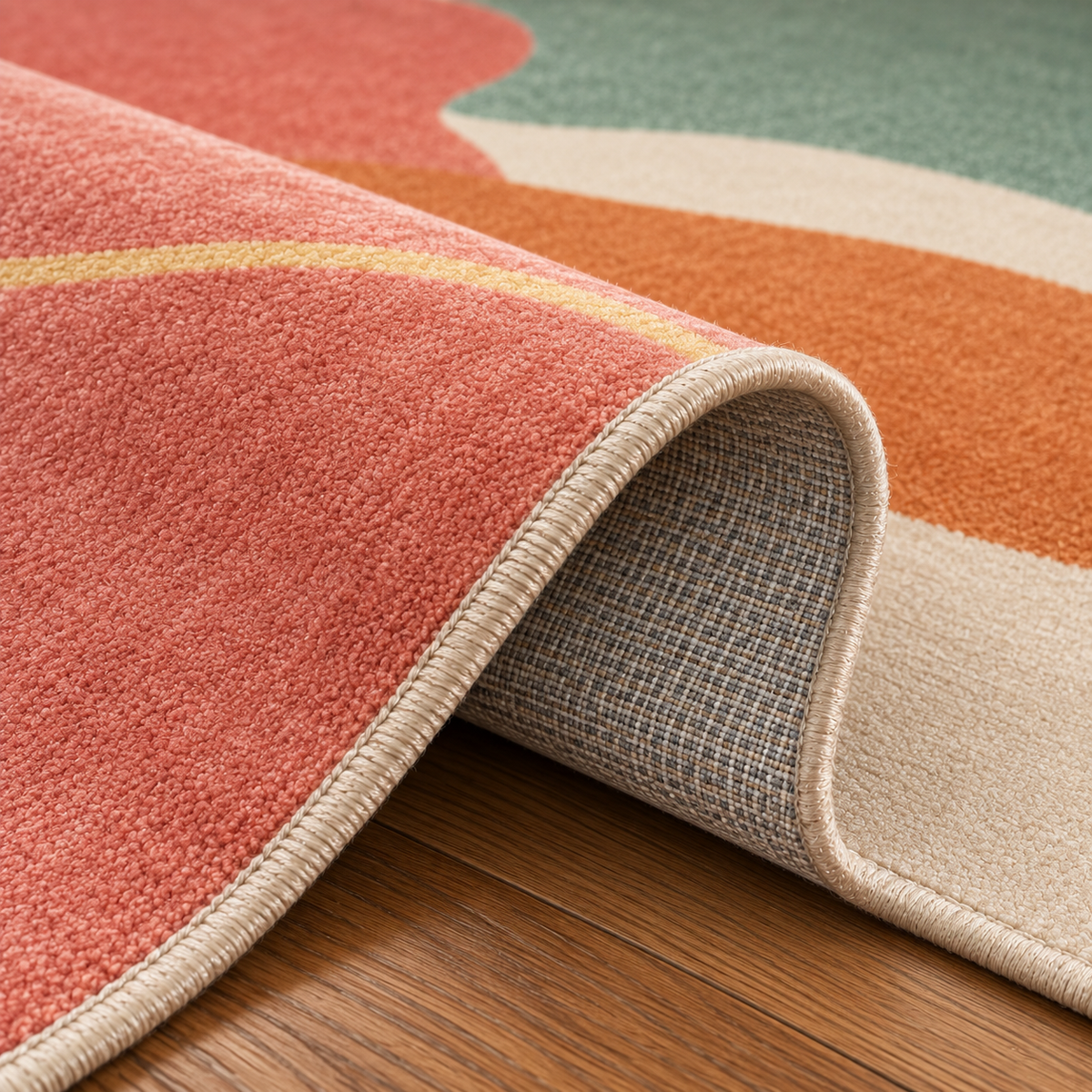 Tapis rectangulaire Soléa – style moderne – formes abstraites organiques – rose poudré, terracotta, bleu pastel et gris doux