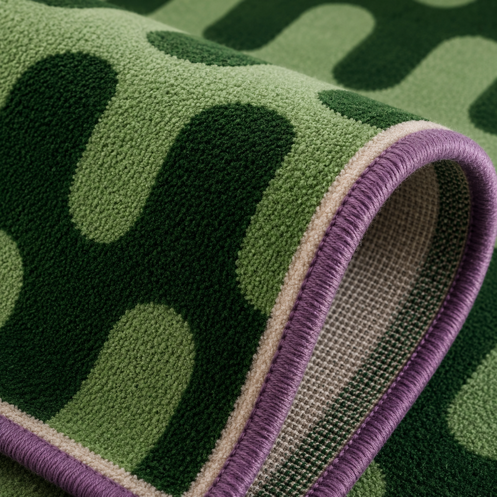 Tapis rectangulaire Verde – motif ondulé graphique – vert forêt, vert sauge et lilas