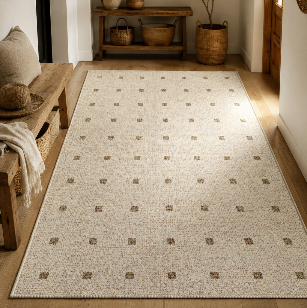 Tapis rectangulaire Linéa – style moderne – motifs carrés beige et taupe