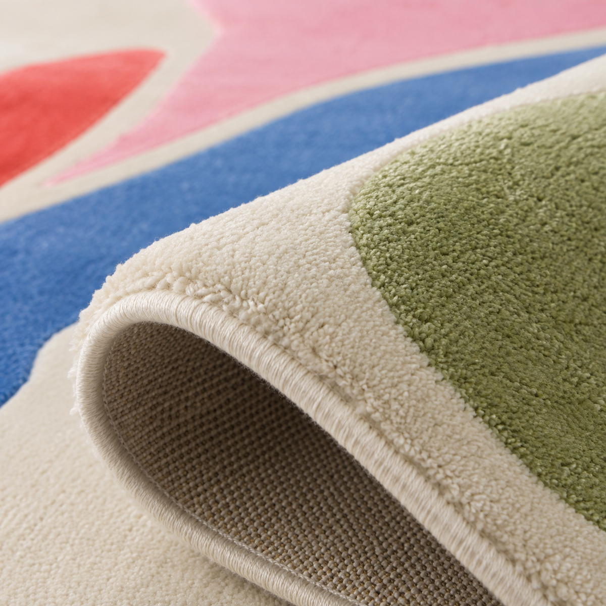 Tapis rectangulaire Soléa – formes organiques abstraites – écru, rose, bleu et vert sauge