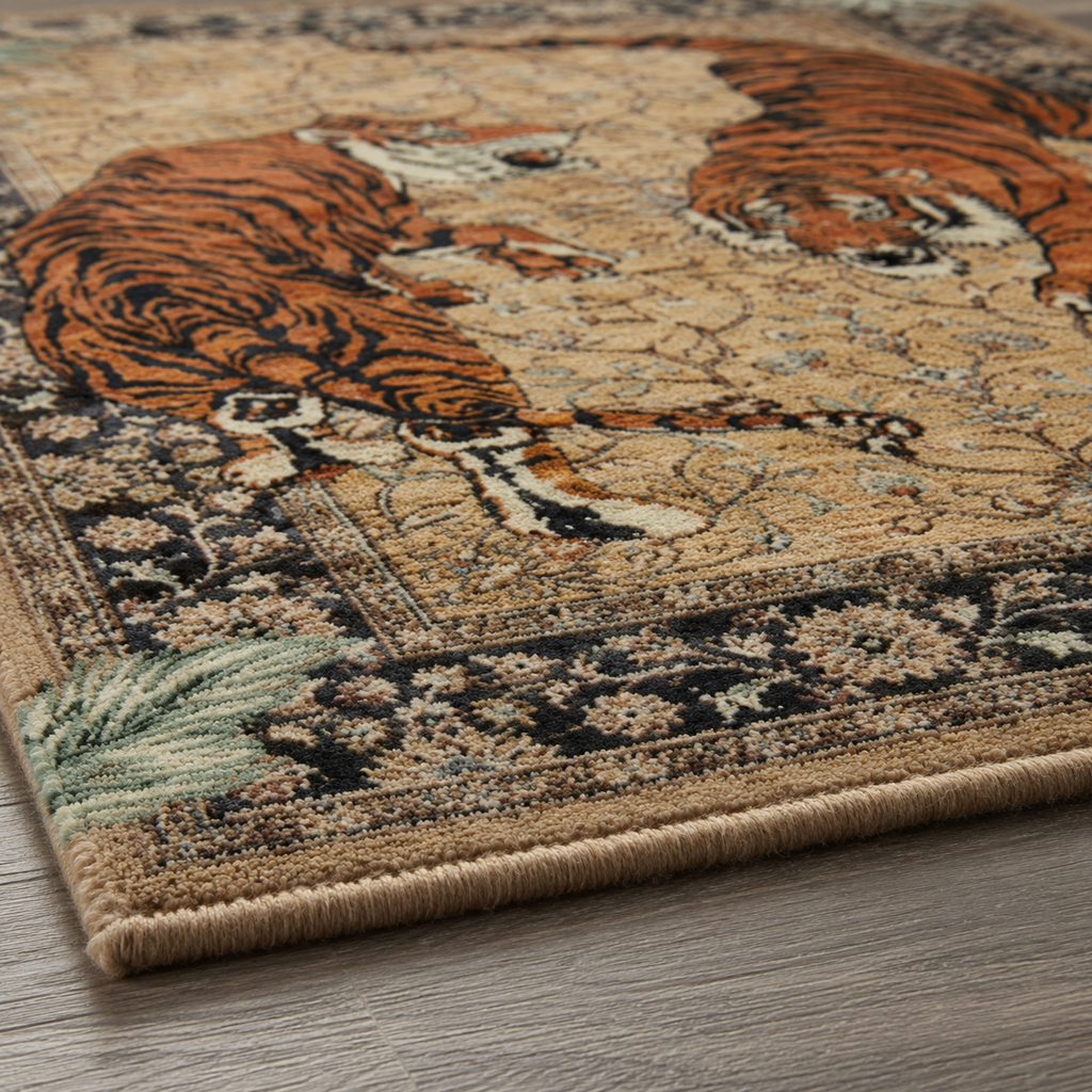 Tapis rectangulaire Rajah – duo de tigres – beige sable, orange, noir et vert sauge
