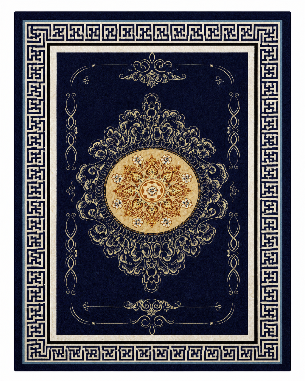 Tapis rectangulaire Mizuki – style asiatique – bleu nuit, médaillon doré et bordure géométrique