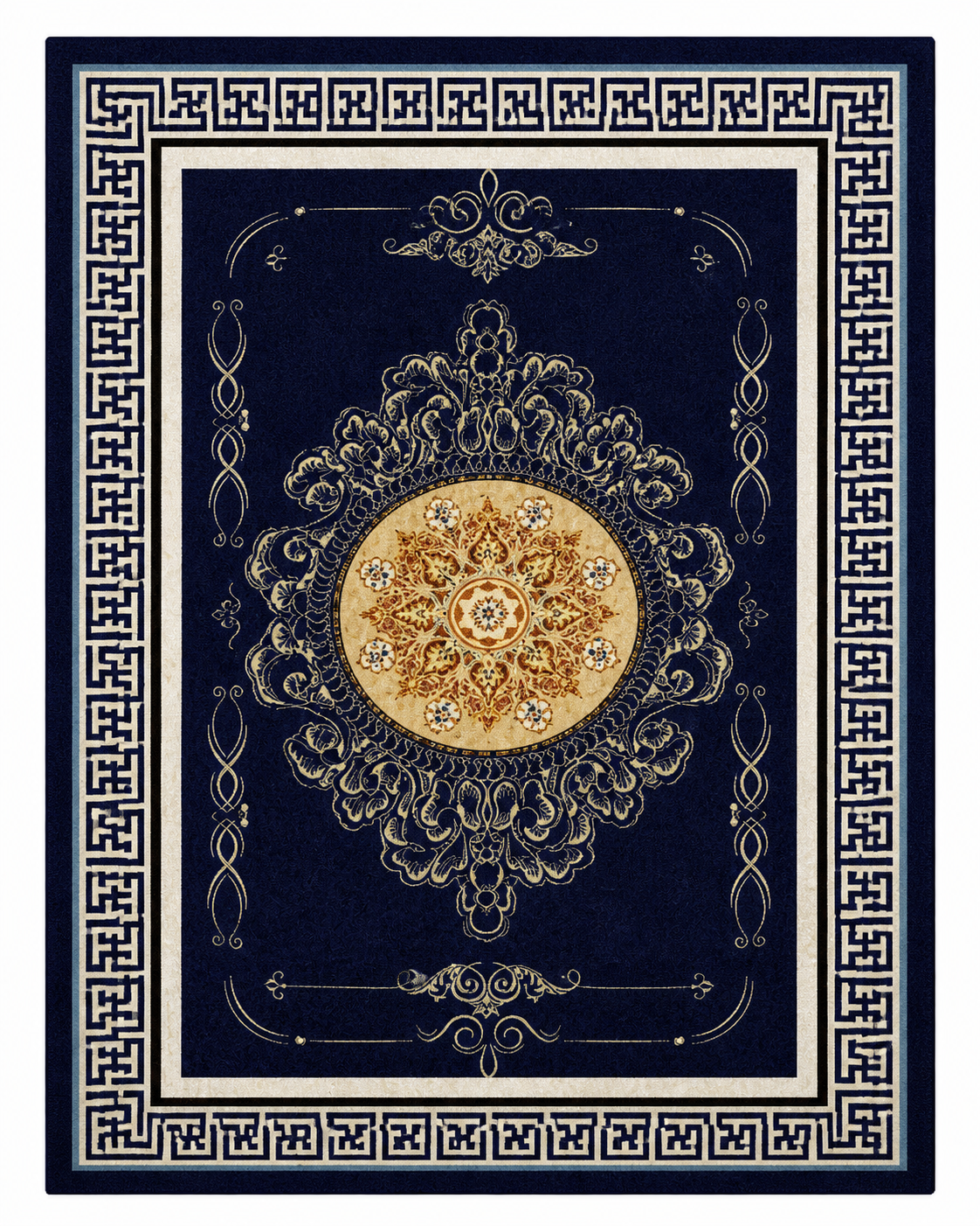 Tapis rectangulaire Mizuki – style asiatique – bleu nuit, médaillon doré et bordure géométrique