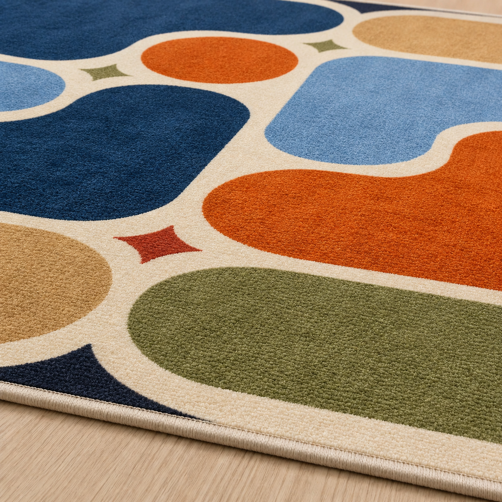 Tapis rectangulaire Alma – formes abstraites rétro – terracotta, bleu nuit, bleu ciel, vert sauge et beige